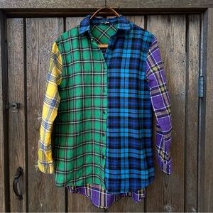 Fashion Nova Plaid Shirt Button Down Multicolor Grunge Patchwork Skater size S